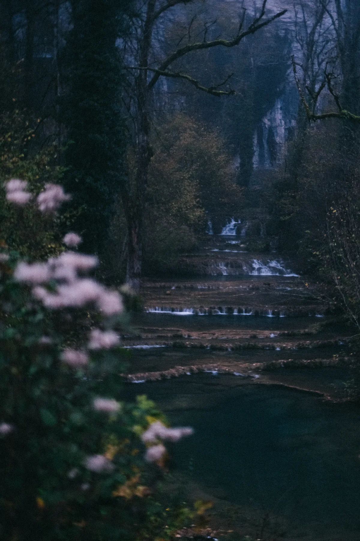 Cascades en escalier au fond d'une forêt du Jura, à la tombée du jour